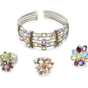 Vintage 925 Silver & Gems 4pcs Cuff Bracelet&Rings